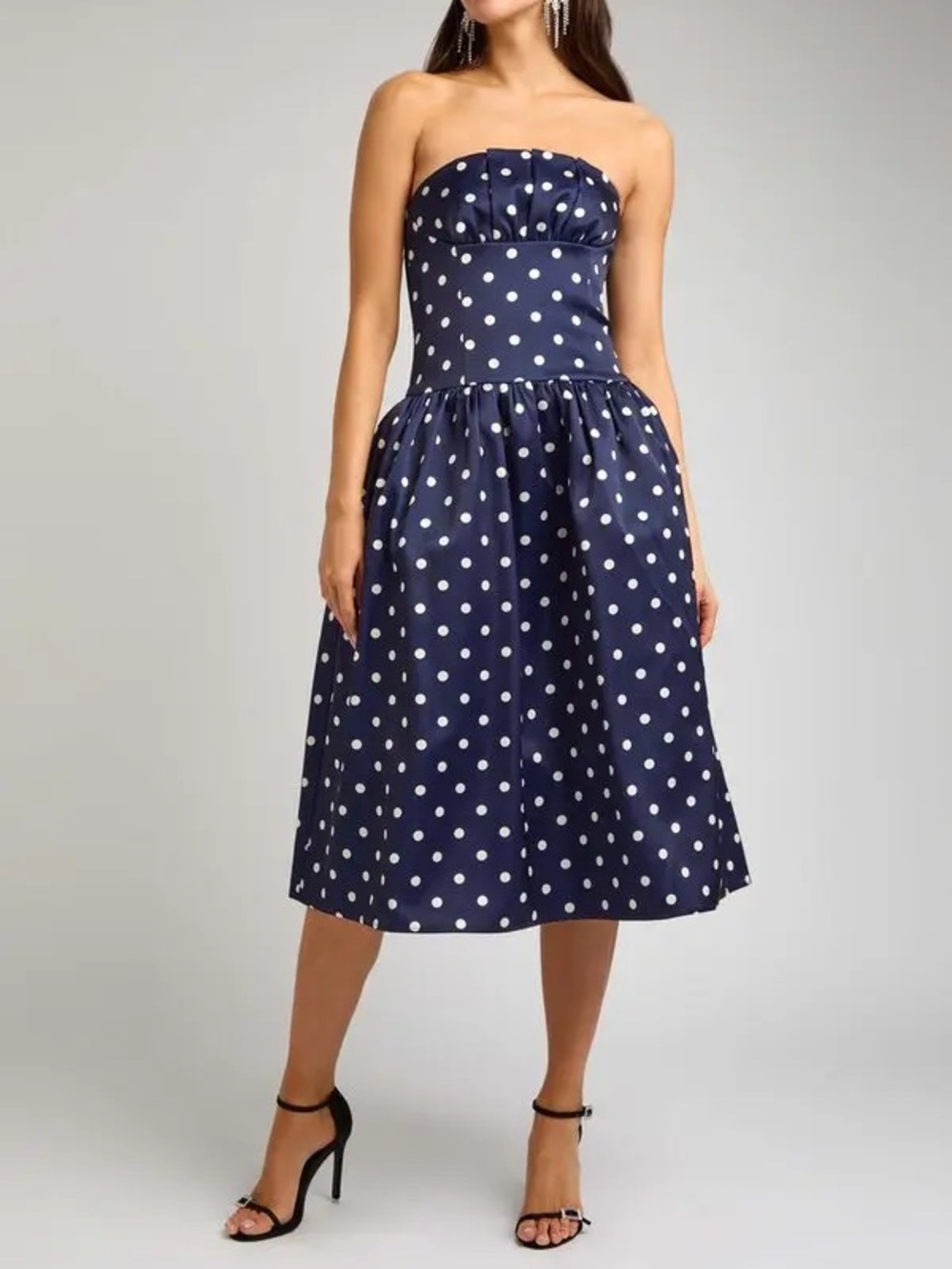Self-Portrait Navy and White Polka Dot Strapless Midi Dress - Picture 2 of 11